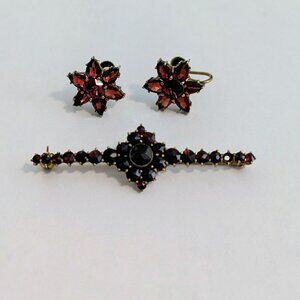 Vintage Victorian Bohemian Garnet Bar Pin and Matching Earrings
